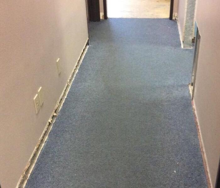 Baseboards are cut along the carpet in a hallway 