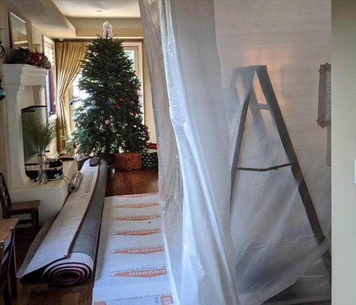 Living room with containment and Christmas tree 