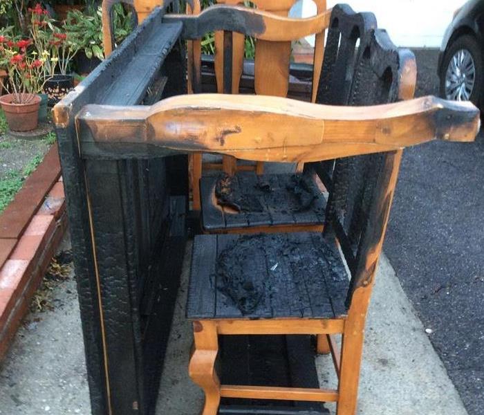Dining table with fire damage
